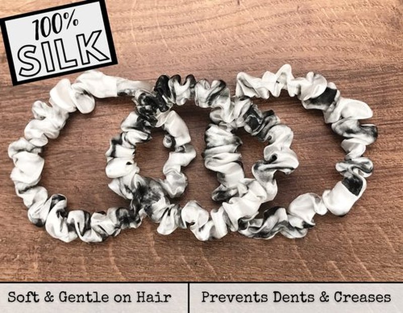 CELESTIAL SILK Mulberry Silk Scrunchies for Hair (Small, White Marble)