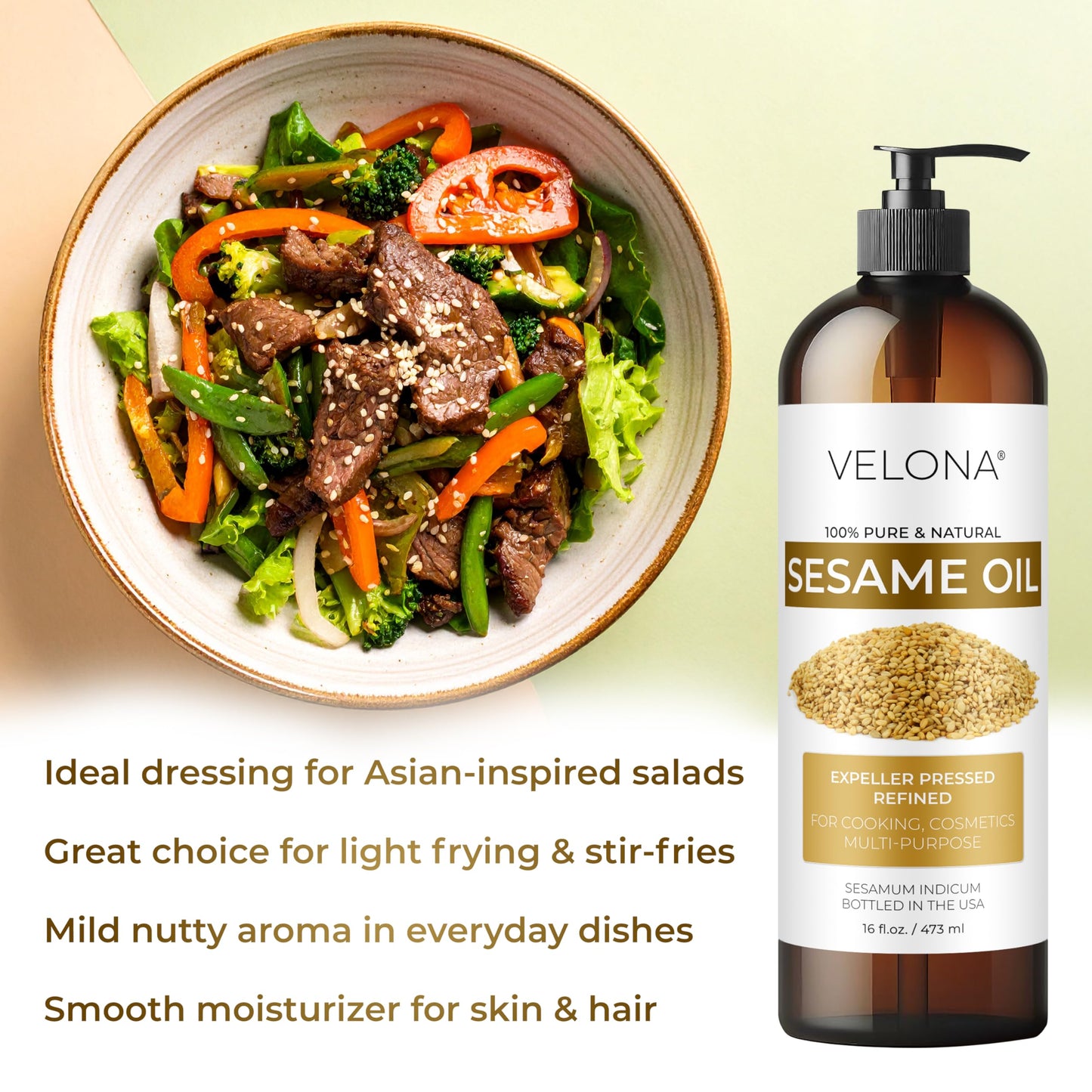 Sesame Seed Oil by Velona - 32 fl oz | 100% Pure and Natural Carrier Oil | Refined, Expeller Pressed | Cooking, Skin, Hair, Body & Face Moisturizing | Use Today - Enjoy Results