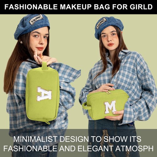 YOOLIFE Personalized Makeup Bag - Gifts for Women Her Girls Sister Girlfriend Gifts Monogram Make Up Bag Cute Cosmetic Bags for Women Girls Friend Birthday Gifts Mom Grandma Gifts Ideas Green Letter M