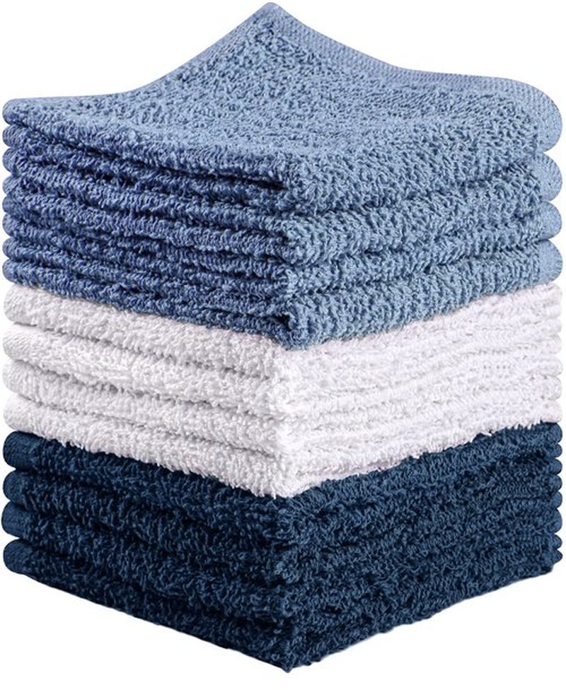 Towel and Linen Mart 100% Cotton - Wash Cloth Set - Flannel Face Cloths, Highly Absorbent and Soft Feel Fingertip Towels (Grey) (Grey, 12) (Navy, White & Sky Blue, Pack of 12)