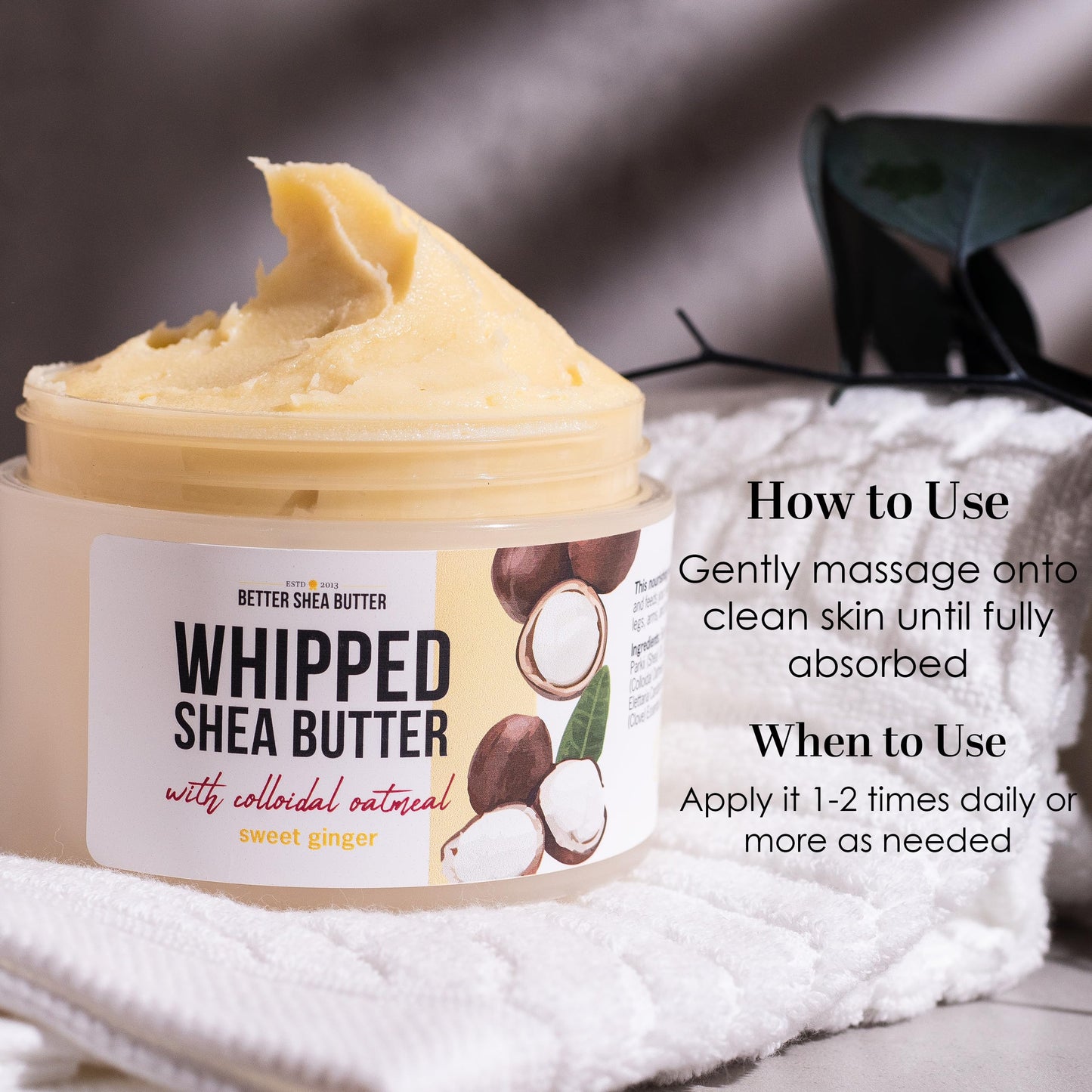 Whipped Shea Butter with Colloidal Oatmeal | Sweet Ginger Essential Oil Blend | Deep Hydration Body Butter for Dry Skin | Water-Free Raw Shea Moisturizer for Men & Women