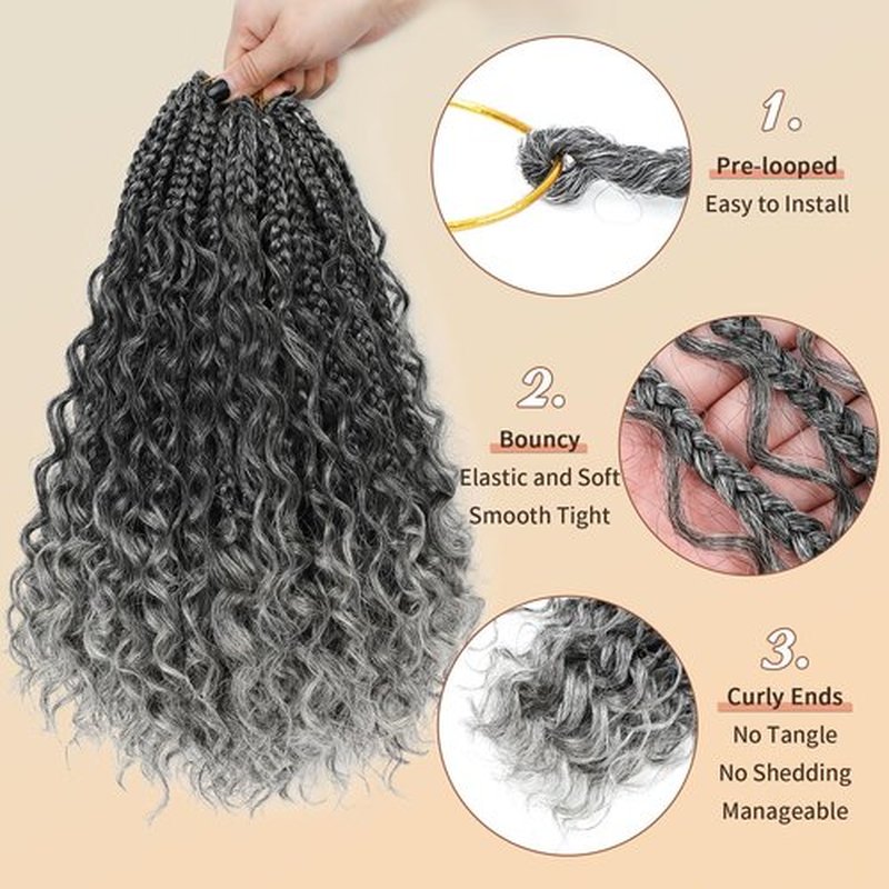 Karida 9 Packs Goddess Box Braids Crochet Hair 12 inch, Crochet Braids With Curly Ends, Pre-Looped Boho Box Braids Crochet Hair For Black Women (12 Inch, TGray#)