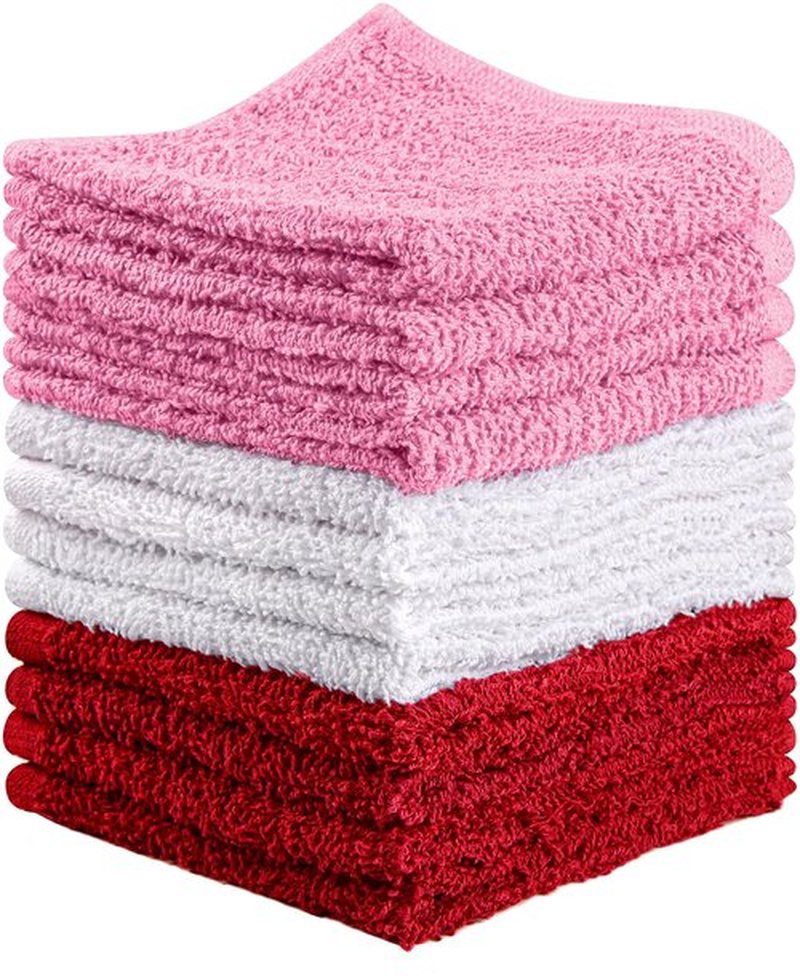 Towel and Linen Mart 100% Cotton - Wash Cloth Set - Flannel Face Cloths, Highly Absorbent and Soft Feel Fingertip Towels (Grey) (Grey, 12) (Red, White & Pink, Pack of 12)