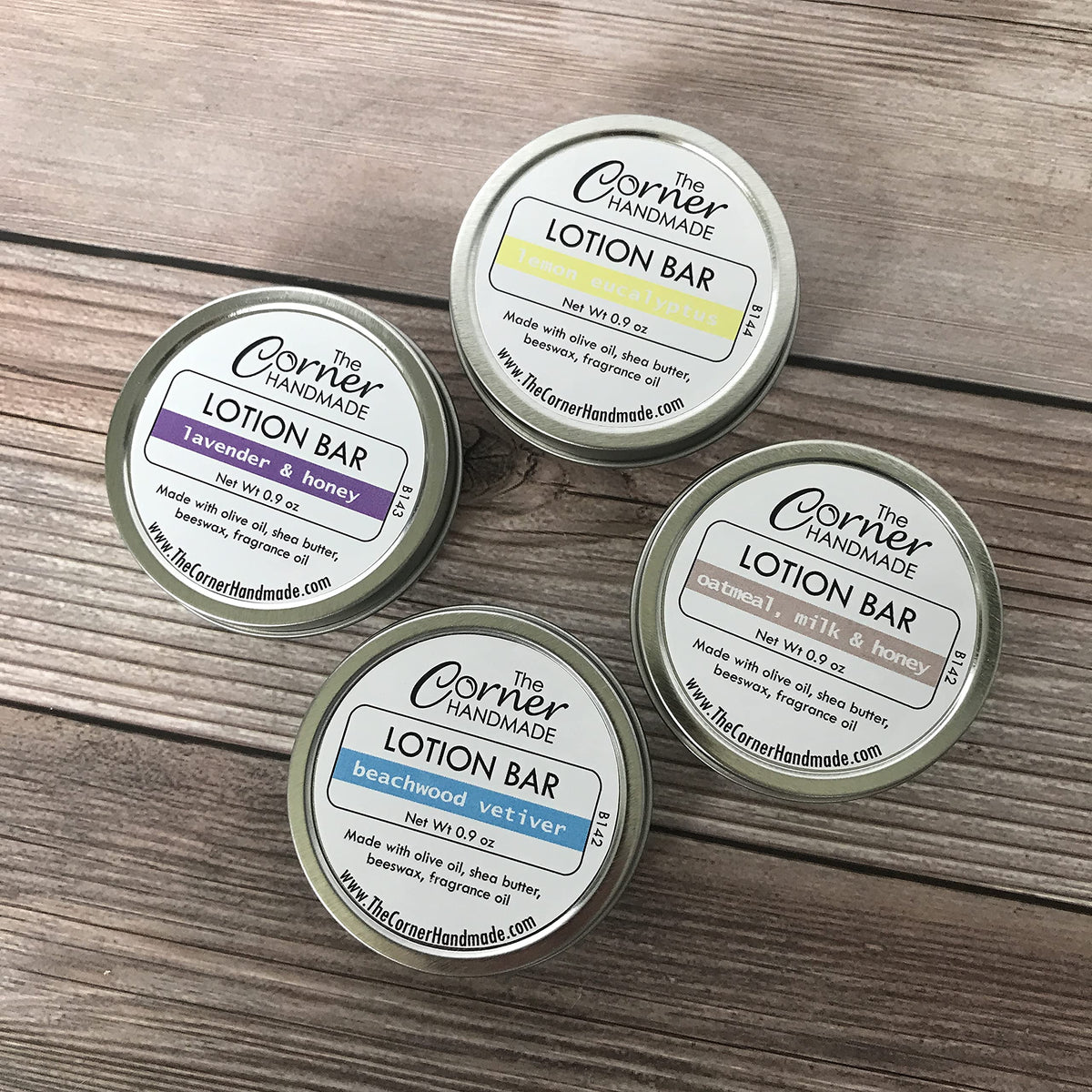 The Corner Handmade Lotion Bar 4 Pack, Set of Four Tins, Moisturizing Relief for Dry Skin