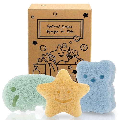 myHomeBody Konjac Baby Sponge for Bathing, Cute Shapes Natural Kids Bath Sponges for Infants, Toddler Bath Time, Natural and Safe Plant-Based Konjac Baby Bath Toys, 3pc. Set: Elephant, Bear & Star