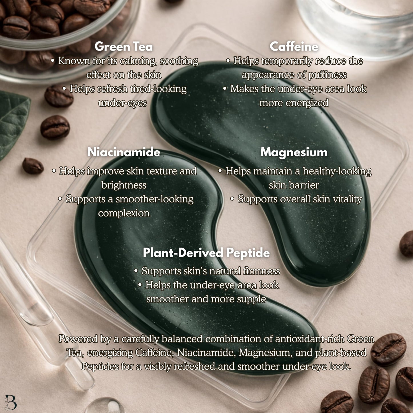 Bumfuzz Green Tea Under-Eye Patches (12 Pairs) | Depuff & Brighten Eye Gel Patches for Dark Circles & Tired Eyes | Plant-Based, Vegan with Caffeine, Niacinamide, Magnesium & Vegetable Peptides