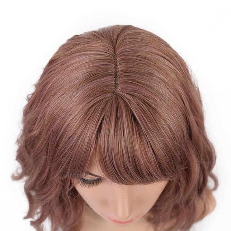 VCKOVCKO Rattan Short Natural Wavy Wig With Air Bangs Shoulder Length Curly Cosplay Synthetic Wig Bob Wig for Girl and Women's Colorful Wigs(12",Rattan-B)