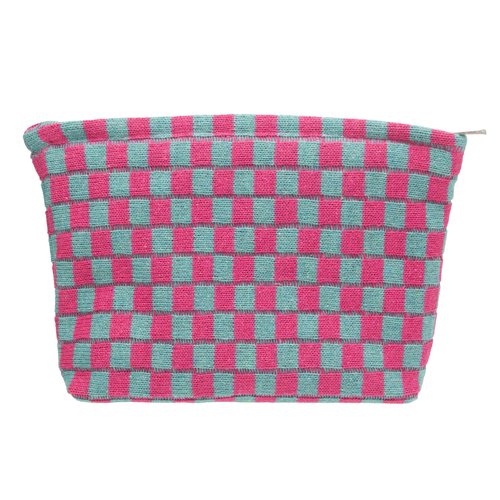 PAZIMIIK Knitted Checkered Makeup Bag Large Zipper Make Up Accessory Pouch for Purse Cosmetic Brush Bag for Travel Essential Magenta Green