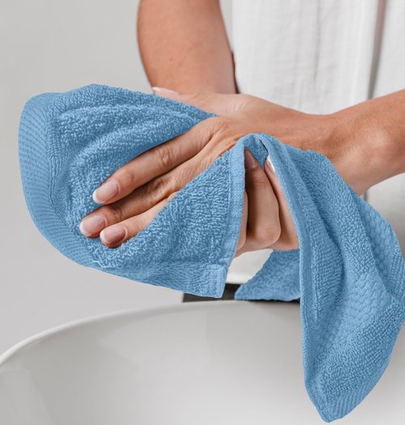 White Classic Luxury Cotton Washcloths - Large Hotel Spa Bathroom Face Towel | 12 Pack | Light Blue