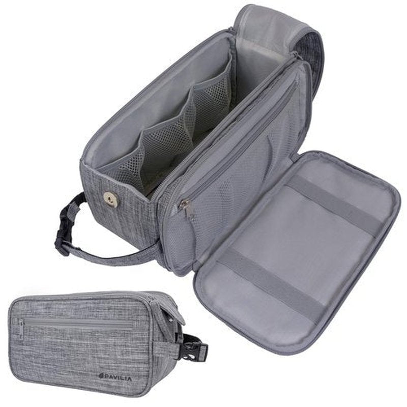 PAVILIA Toiletry Bag for Men, Travel Essentials Shaving Dopp Kit, Mens Travel Bag Toiletries Organizer Case for Grooming, PU Leather Water Resistant Cosmetic Bag Pouch (Heather Grey)