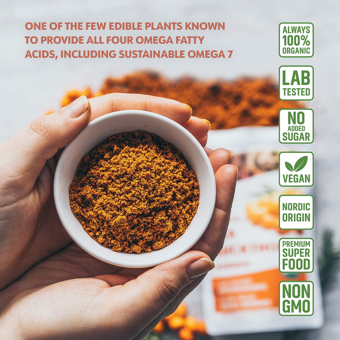 LOOV Organic Sea Buckthorn Berry Powder, High in Fiber, Omegas, Vitamin C, Vitamin E, Made from Whole Berries, 4 Oz, Grown in Nordic Climate, 23-Day Supply, No Added Sugar, Non-GMO