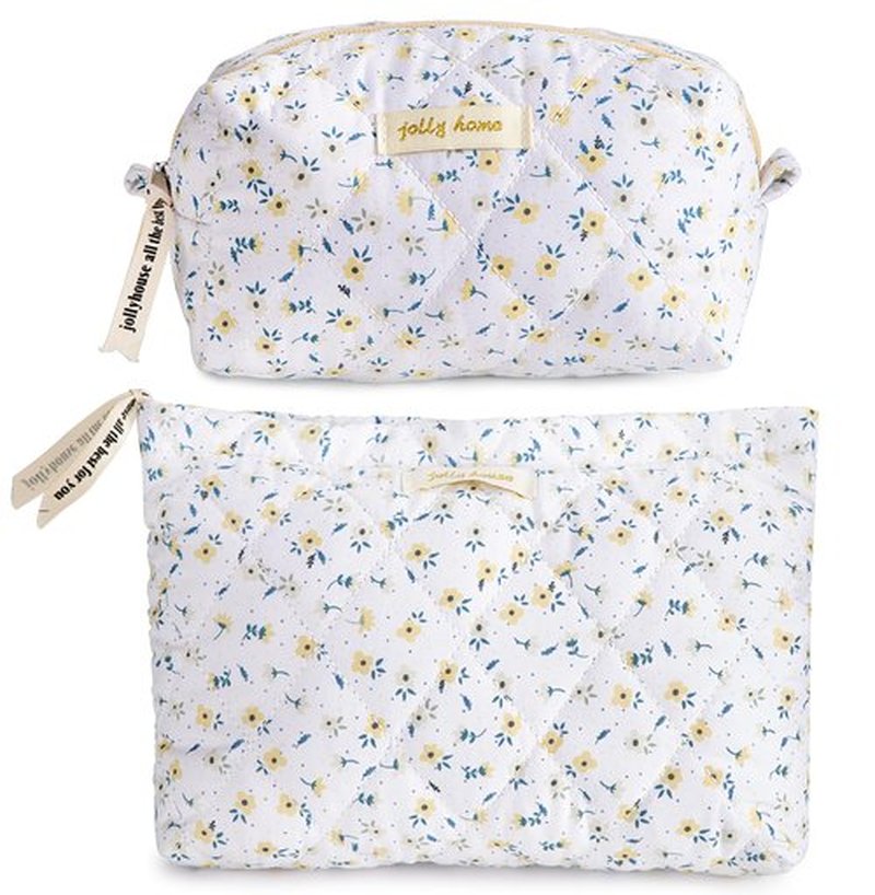 HBselect 2Pcs Quilted Makeup Bag Cute Makeup Bag Organizer Travel Makeup Pouch for Purse Zipper Aesthetic Coquette Cotton Floral Make up Bag Toiletry Bags for Women Girls