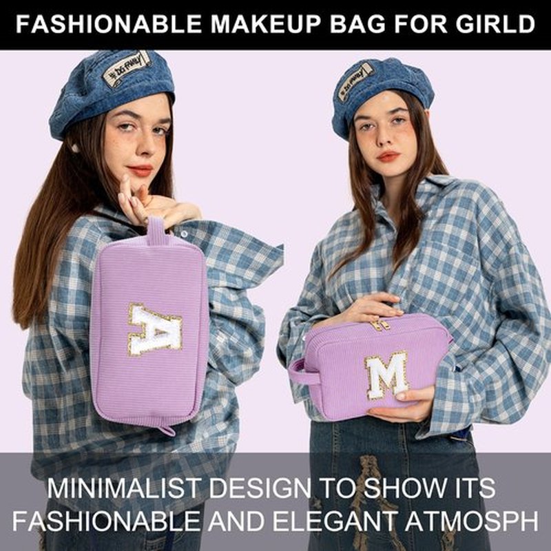 YOOLIFE Girl Gifts Travel Makeup Bag - Purple Makeup Bag Make Up Bag Travel Cosmetic Bags for Women Corduroy Makeup Bag Cute Makeup Bag Personalized Best Friend Birthday Gifts for Women Her Letter M