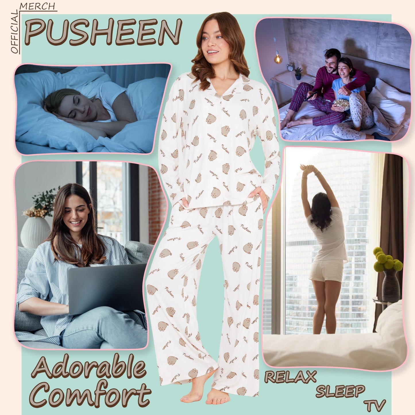 Get Trend Pusheen 2 Pc Pajamas Set for Women, Teens with Top, PJ Pants with Pockets, Cozy Sleepwear, Soft Loungewear, for Women (M, Beige Pusheen)