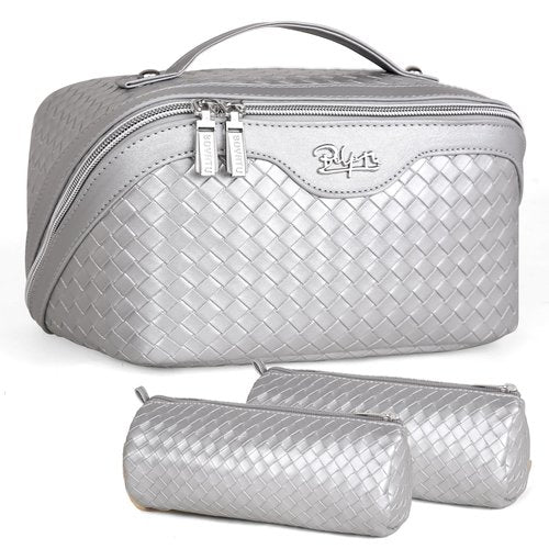 Travel Makeup Bags Cosmetic Organizer Bag: Large Capacity Make up Bag Set of 3 - Vegan Leather Toiletry Bag for Women - Portable Makeup Organizer with Compartments & Handle & Divider (04 Silver)