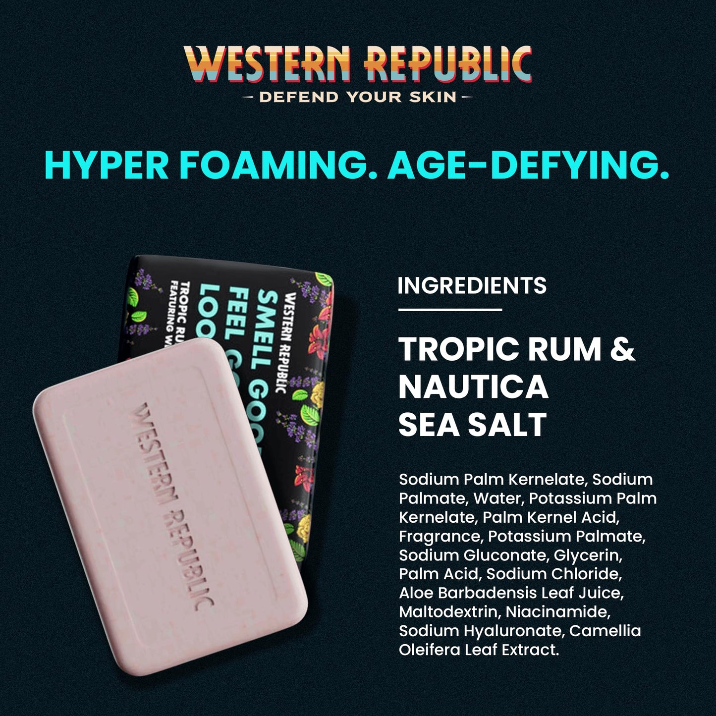 Western Republic - Tropic Rum & Nautical Sea Salt Bath & Body Soap Bar - Hydrating Cleanser with Aloe, Glycerin, Niacinamide - 6oz 2 Pack