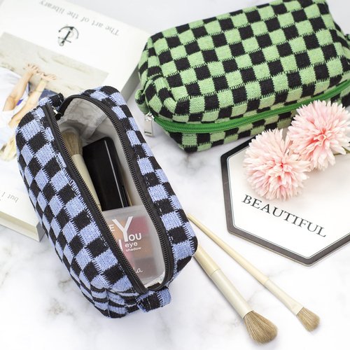 PAZIMIIK Checkered Makeup Bag for Purse Portable Zipper Make Up Pouch Small Cosmetic Case for Travel Accessories (Blue Black)