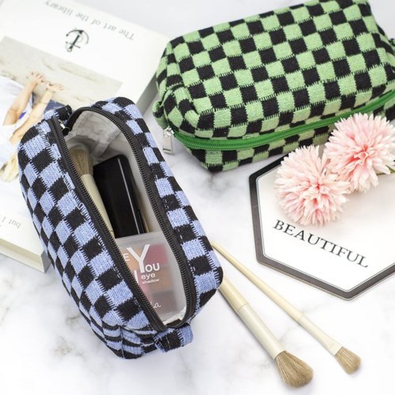 PAZIMIIK Checkered Makeup Bag for Purse Portable Zipper Make Up Pouch Small Cosmetic Case for Travel Accessories (2PCS Green Blue)