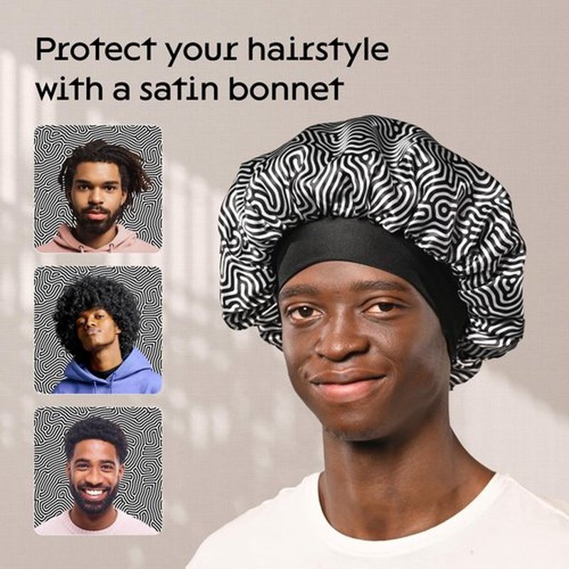 Niagara Satin Bonnet Men - Black & White Bonnet for Sleeping Men - Reversible Night Cap - Mens Bonnet for Curly Hair - Large Bonnet with Double Layer