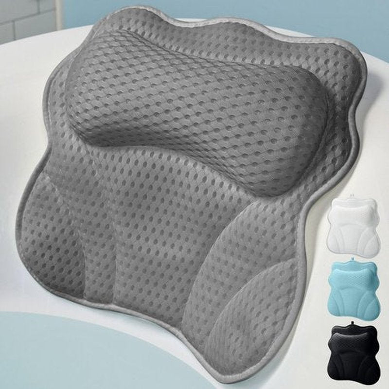 WONDERfoam Thick Padded Ergonomic Bath Pillow for Tub, Support for Head Neck and Back, Slip-Resistant, Machine Washable Breathable Quick Dry Mesh Bathtub Headrest Pillows, Spa Rest Accessories, Gray