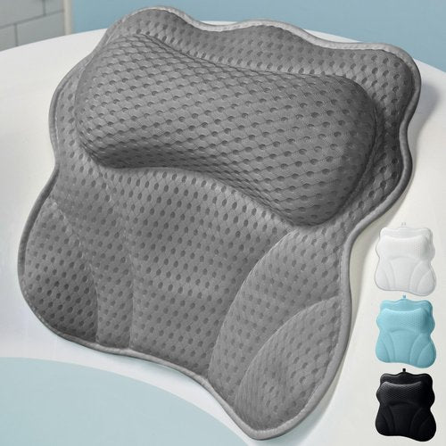 WONDERfoam Thick Padded Ergonomic Bath Pillow for Tub, Support for Head Neck and Back, Slip-Resistant, Machine Washable Breathable Quick Dry Mesh Bathtub Headrest Pillows, Spa Rest Accessories, Gray
