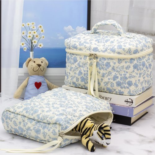 PAZIMIIK Cotton Makeup Bag for Women Large Quilted Travel Cosmetic Case Girls' Make Up Organizer,Little Flower Blue
