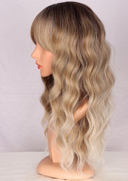 SYMEIW Ombre Dirty Blonde Wavy Wigs With Bangs For Women Medium Long Ash Blonde Wigs Synthetic Blonde Hair Replacement Wigs Daily Use Wigs 18 Inch （Dirty Blonde）