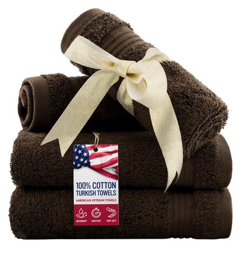 American Veteran Towel, 100% Cotton Turkish Washcloths for Bathroom Essentials 4 Pack, Soft Absorbent Wash Cloths Quick Drying Small Towels Washrags, Brown