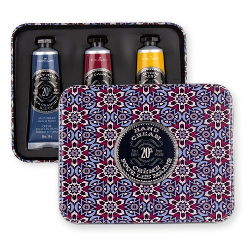 La Chatelaine Hand Cream Gift Set for Men, Ready-To-Gift Travel Size Hand Lotion, Natural Hand Cream Made in France with 20% Organic Shea Butter (Deep Blue Sea, Sandalwood, Citrus Zest) 3 x 1 fl oz