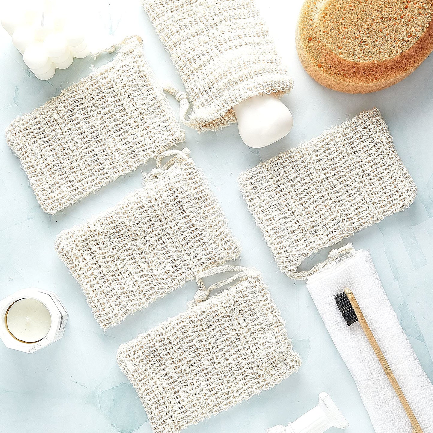 BBTO 5 Pieces Soap Saver Bag Cotton Linen Exfoliating Soap Pouch for Foaming and Drying, Shower, Scrubber(10 x 15 cm,Beige)