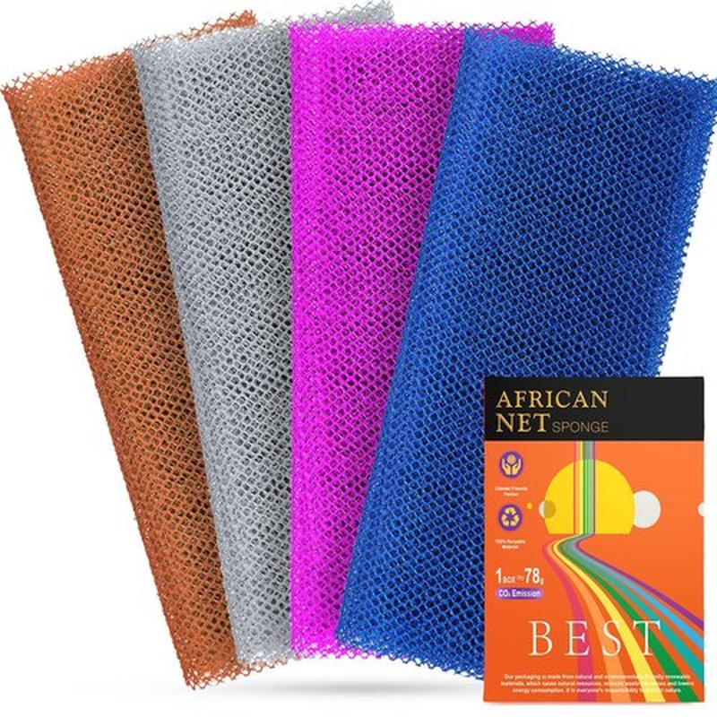 RIUOTA 4 African Net Sponge Mesh Long Mesh Bath Sponges - Exfoliates and Refreshes Skin for a Silky Smooth Shower Experience (Brown, Blue, Purple,Grey)