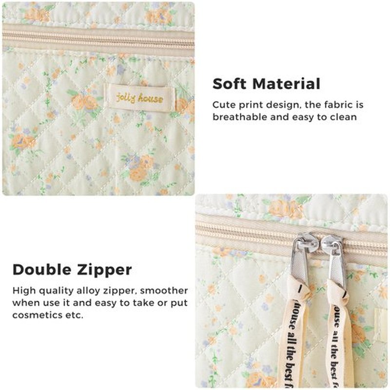 HBselect Quilted Makeup Bag, 3PCS Cotton Large Travel Makeup Bag, Cute Floral Coquette Make up Bag Cosmetic Bag Toiletry Bag for Women Girls