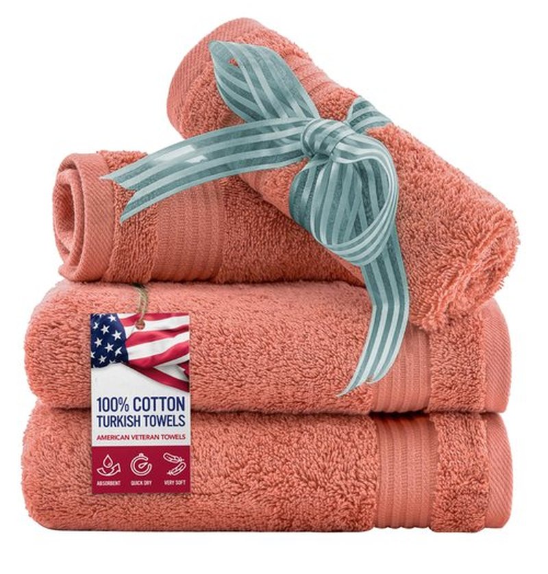 American Veteran Towel, 100% Cotton Turkish Washcloths for Bathroom Essentials 4 Pack, Soft Absorbent Wash Cloths Quick Drying Small Towels Washrags, Coral