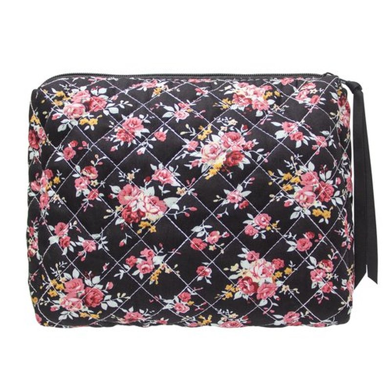 PAZIMIIK Cotton Makeup Bag for Women Large Quilted Travel Cosmetic Pouch Girls' Make Up Organizer,Rose Black