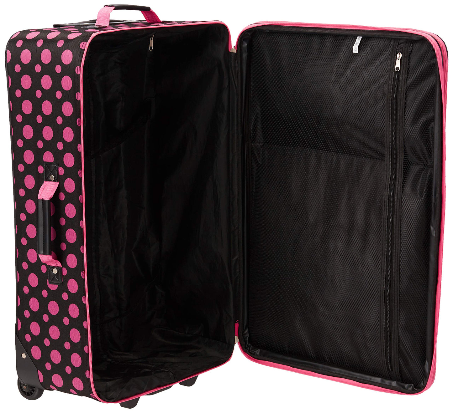 Rockland Fashion Softside Upright Luggage Set, Black/Pink Dot, 4-Piece (14/19/24/28)