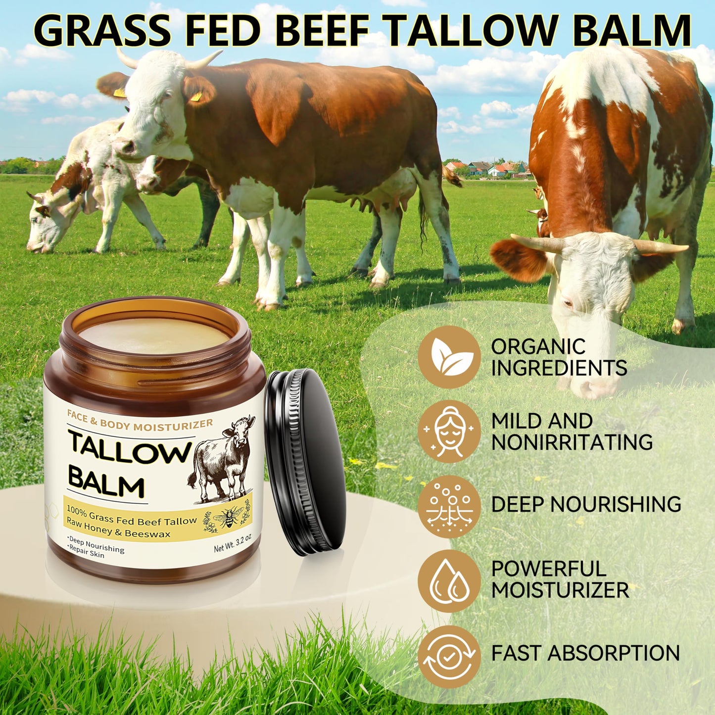 Veakoo Beef Tallow for Skin, 2 Pcs Grass Fed Tallow and Honey Balm, Organic Tallow Face Moisturizer, Natural Moisturizing Cream for Women Men, Body Butter, Nourish and Soothe Dry Skin