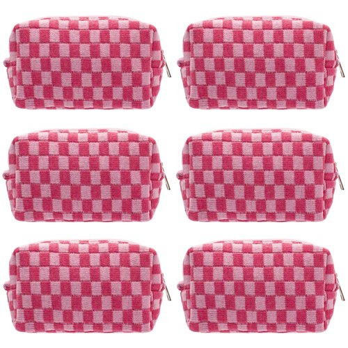 PAZIMIIK Checkered Makeup Bag for Purse Portable Zipper Make Up Pouch Small Cosmetic Case for Travel Accessories (6PCS Hotpink)