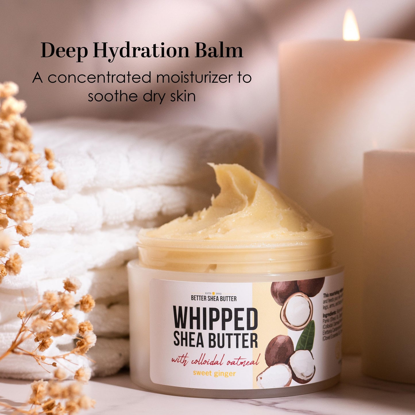 Whipped Shea Butter with Colloidal Oatmeal | Sweet Ginger Essential Oil Blend | Deep Hydration Body Butter for Dry Skin | Water-Free Raw Shea Moisturizer for Men & Women