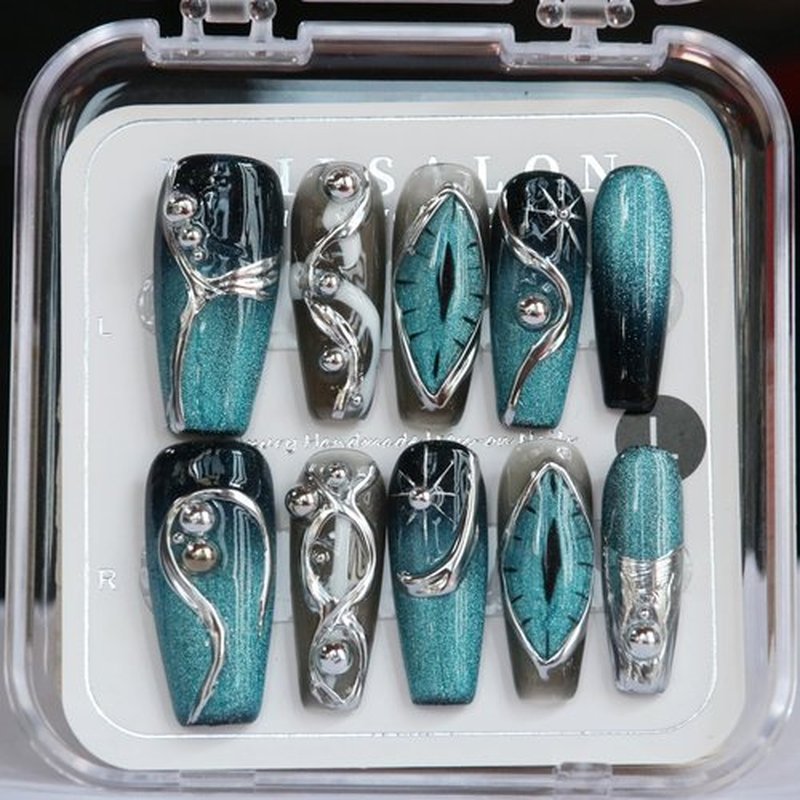 CAMILCY Handmade Nails Press on Almond Nail Pointed Green Gold Crystal Glitter Design Hand painted Reusable Gel UV Finished Pre shaped False Nails for Women 10pcs 3D Handmade Nails (A048, S)