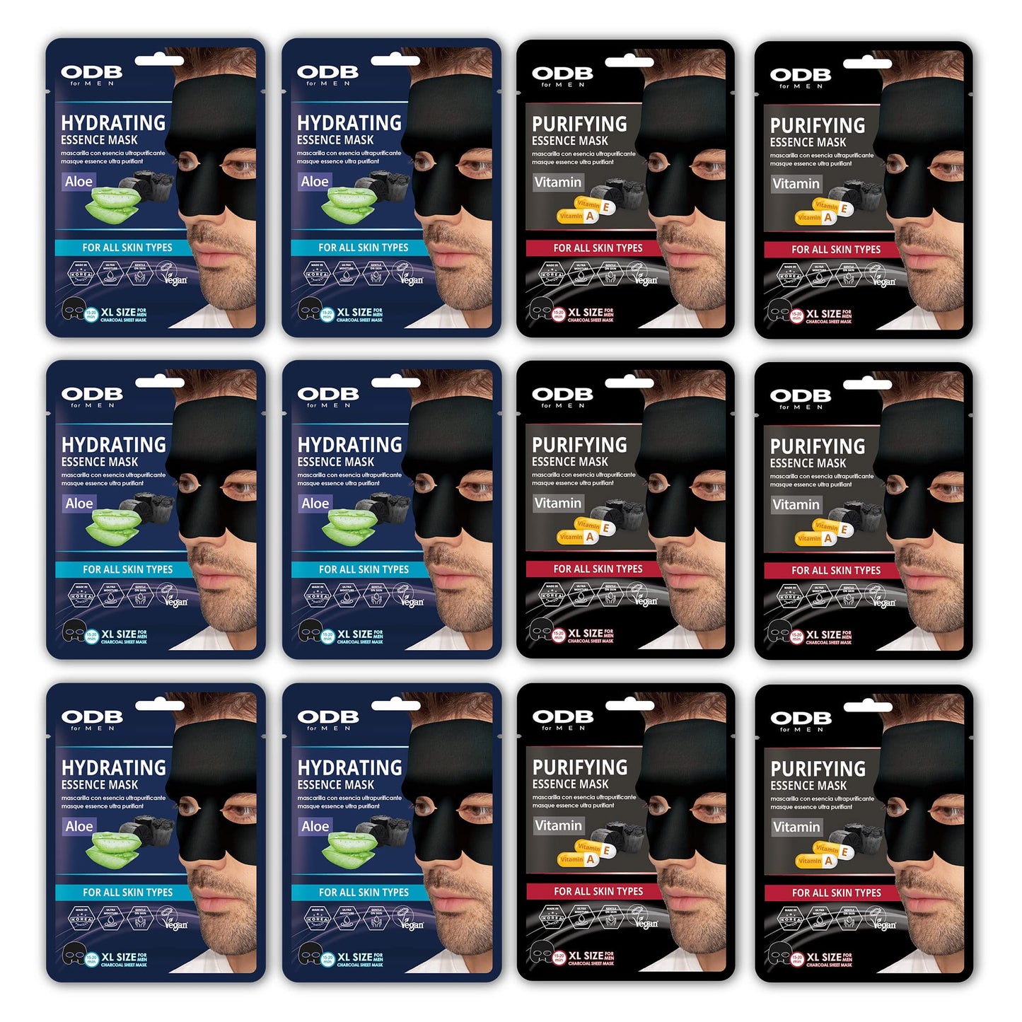 ORIGINAL DERMA BEAUTY ODB for MEN Charcoal Essence Sheet Mask Mens Skin Care Kit Bulk Face Masks Skincare (12PK Aloe & Vitamin - For Beard)