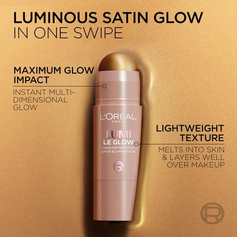 L’Oréal Paris Lumi Le Glow Highlighter Stick, Luminous, Satin, Glowy Highlighter for Face and Body, 640 Sparkling Rose, 0.25 Oz