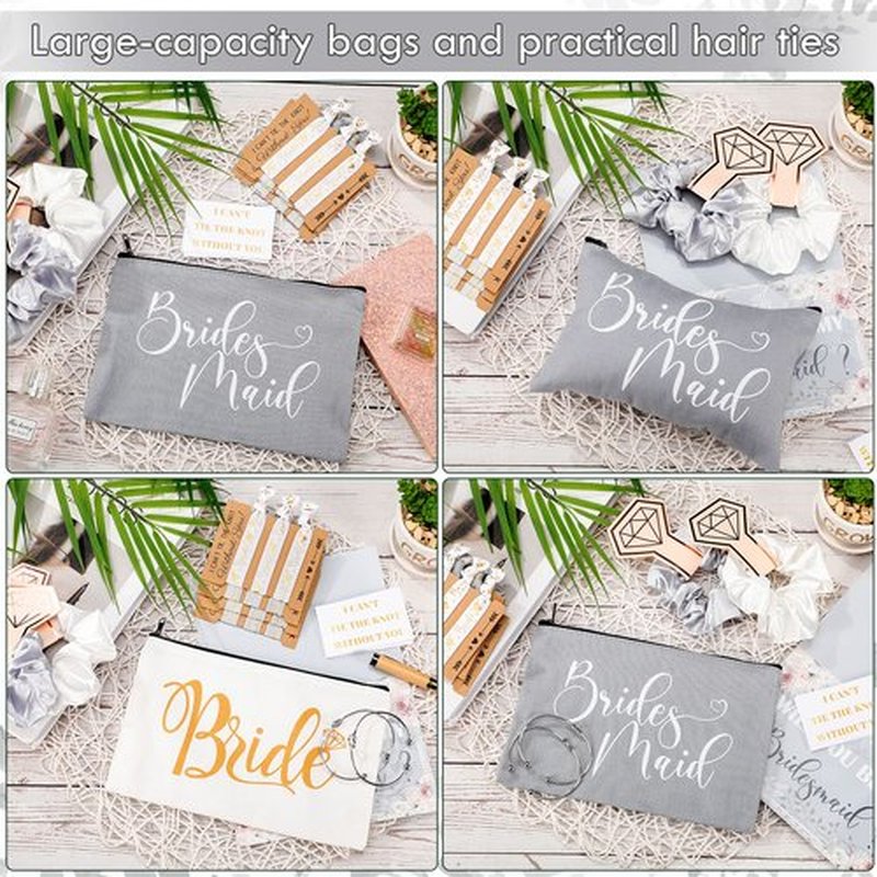 63 Pcs Bridesmaid Proposal Gifts Bulk Maid of Honor Gifts Matron of Honor Gifts Brides Bridesmaid Cosmetic Makeup Bag Hair Knotted Bracelets Invitation Cards for Wedding Bachelorette (Rhinestone)