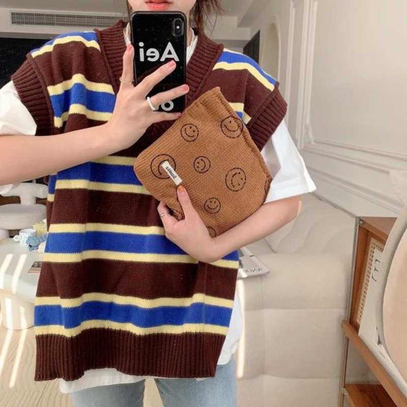 Cosmetic Bags for Women - Corduroy Cosmetic Bag Aesthetic Women Handbags Purses Smile Dots Makeup Organizer Storage Makeup Bag Girls Case Bags (Brown)