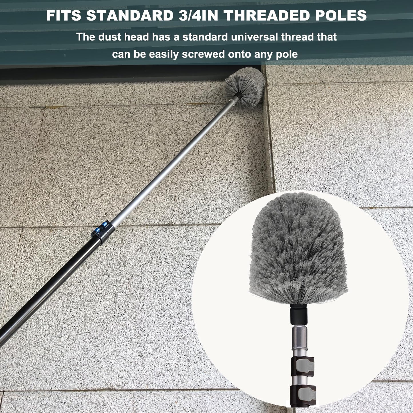 Grey Big Twist-On Cobweb Duster Head Brush, Fits Standard 3/4 inch Threaded Poles, Attachment Spider Web Duster Brush Great for Ceilings, Moldings, Floor Vents, and Corners