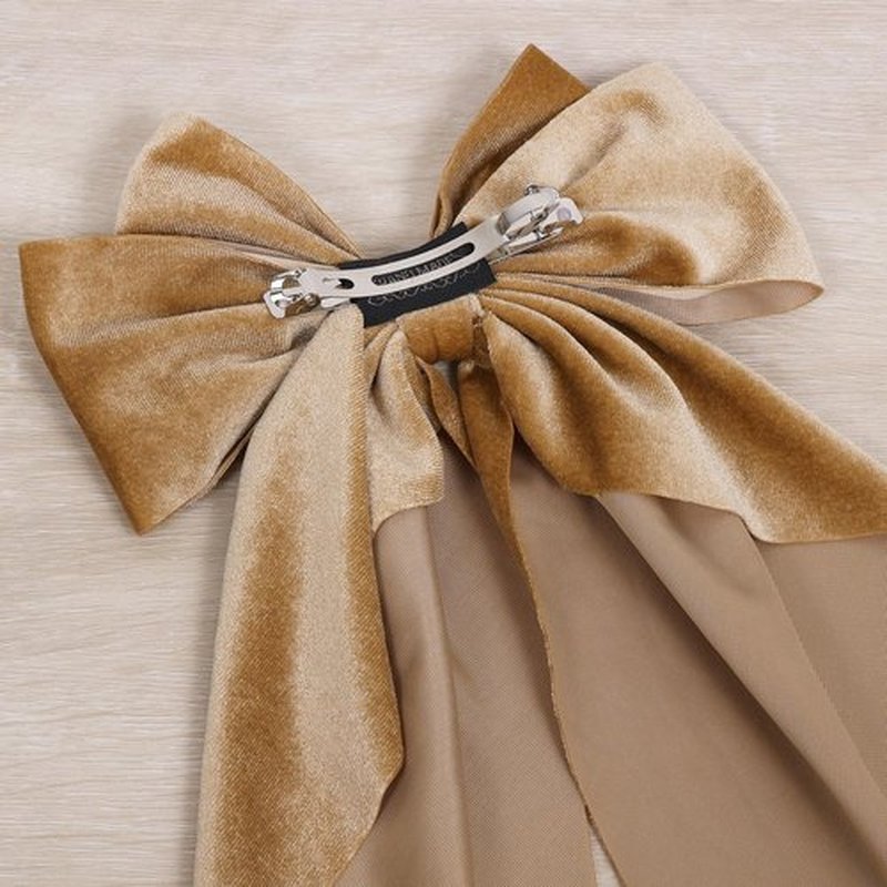2pc Velvet Khaki Ribbon Hair Bows with Long Tail For Women Girls Oversized Bow-Knot French Hair Barrette Clips Clamp Fall Winter Early Spring Ponytail Holder Decorative Accessories
