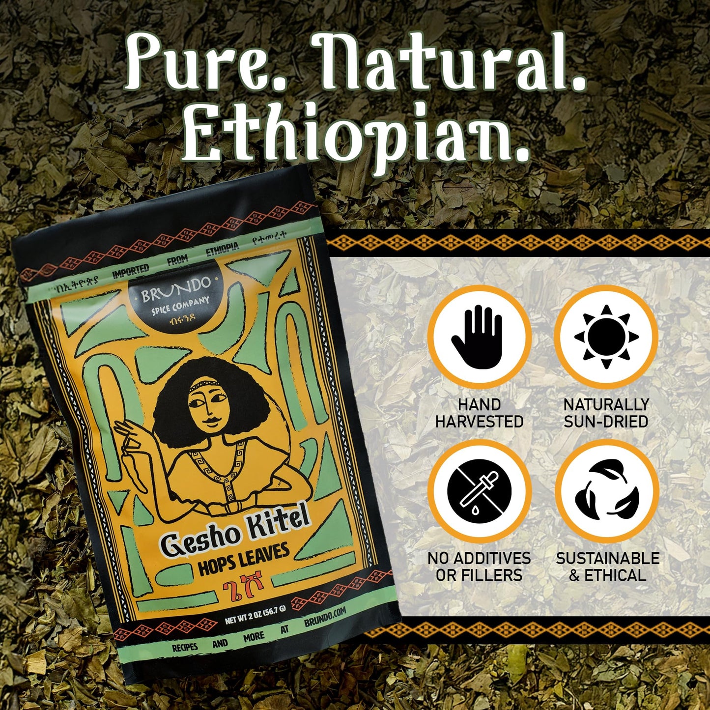 Brundo Ethiopian Spice Company Gesho Kitel Authentic Brewing Hops Leaves Hand Picked and Processed Harvested in and Imported from Ethiopia All Natural No Preservatives 2oz