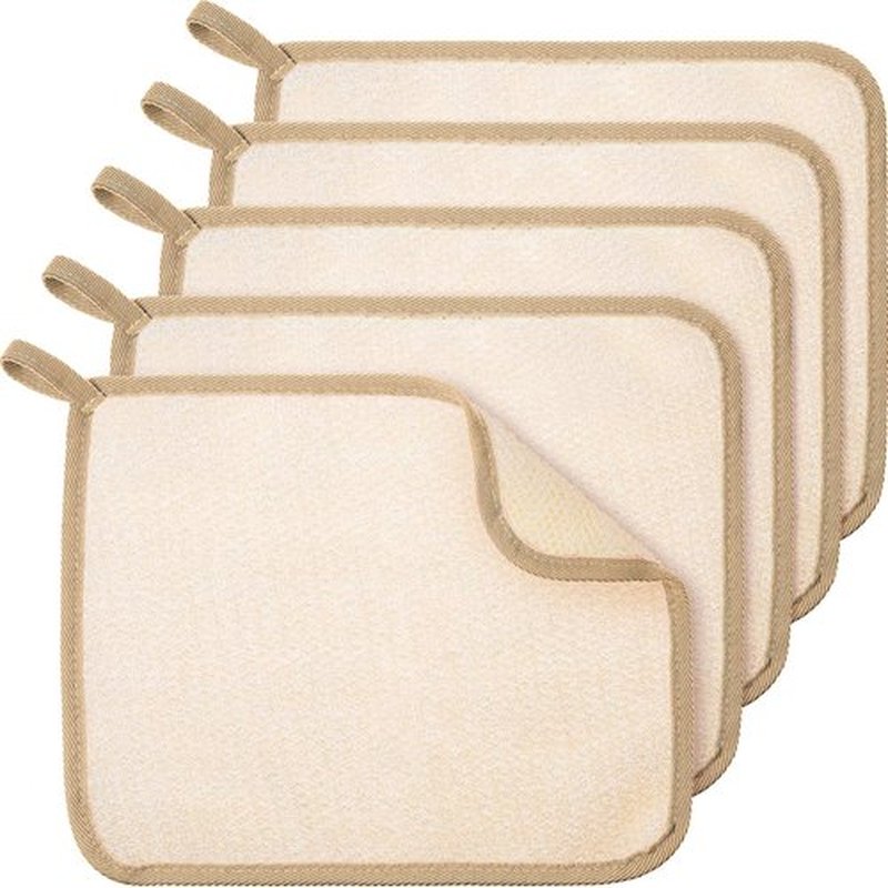 Tatuo 5 Pcs Exfoliating Face and Body Wash Cloths Towel Weave Bath Cloth Exfoliating Scrub Cloth Massage Bath Cloth for Women and Men, 10.63 x 9.05 Inch (Brown Edge)