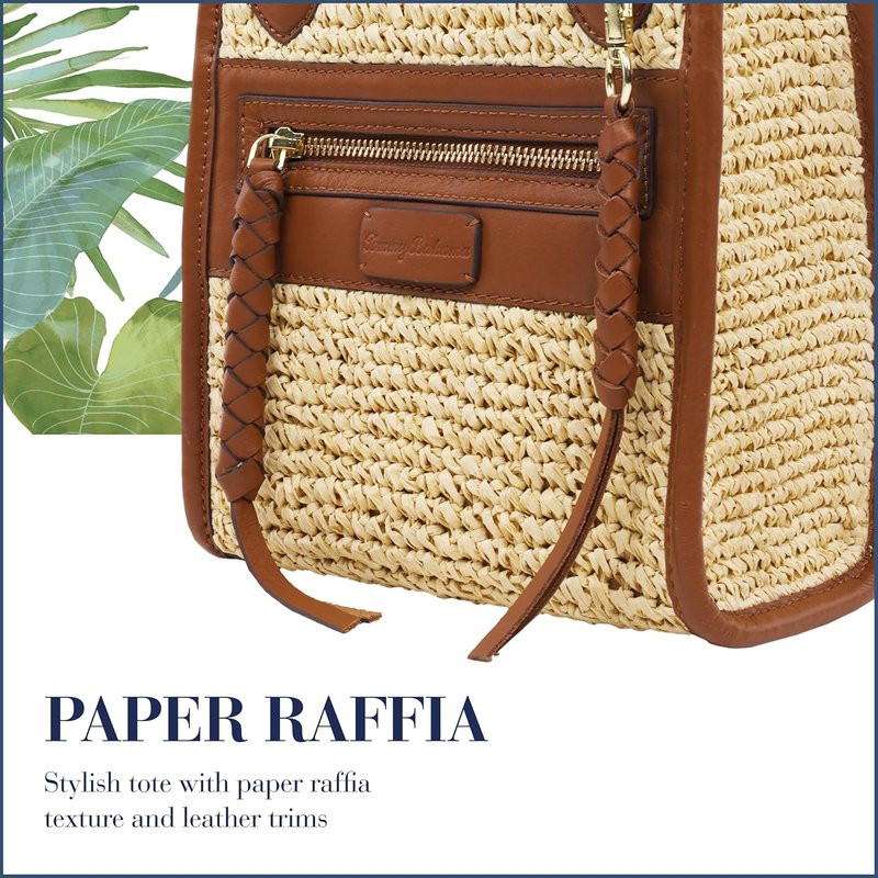 Raffia Tote Bag - Structured Summer Handbag with Bamboo Handle | Crossbody Strap, Cognac & Natural
