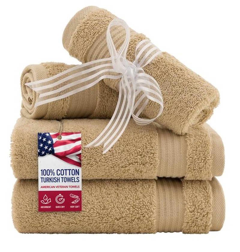 American Veteran Towel, 100% Cotton Turkish Washcloths for Bathroom Essentials 4 Pack, Soft Absorbent Wash Cloths Quick Drying Small Towels Washrags, Beige