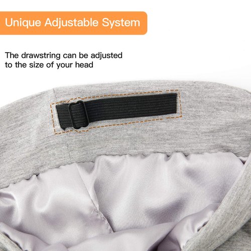 Silk Satin Lined Bonnet Sleep Cap - Adjustable Stay on All Night Hair Wrap Cover Slouchy Beanie for Curly Hair Protection for Women and Men - Solid Light Grey